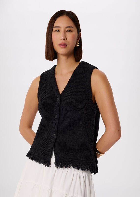 Black Cotton Boucle Fringe Tank