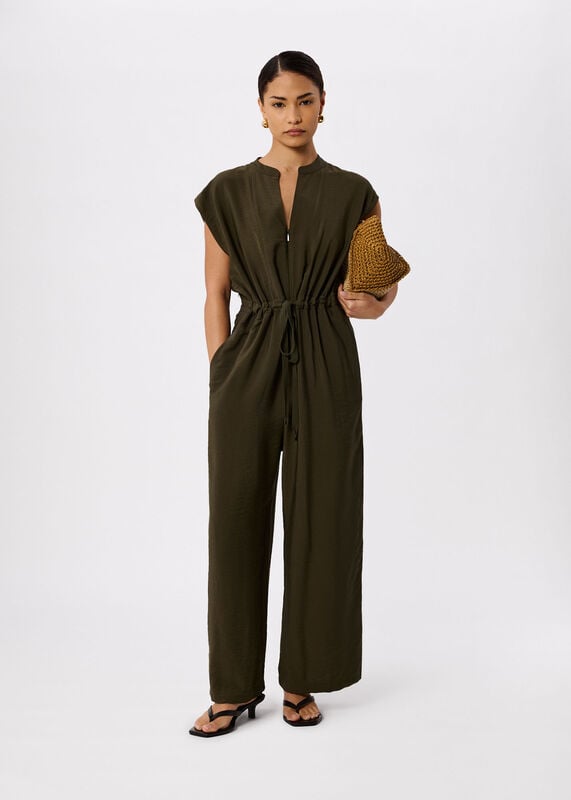 Khaki Petite Sleeveless Drawstring Jumpsuit